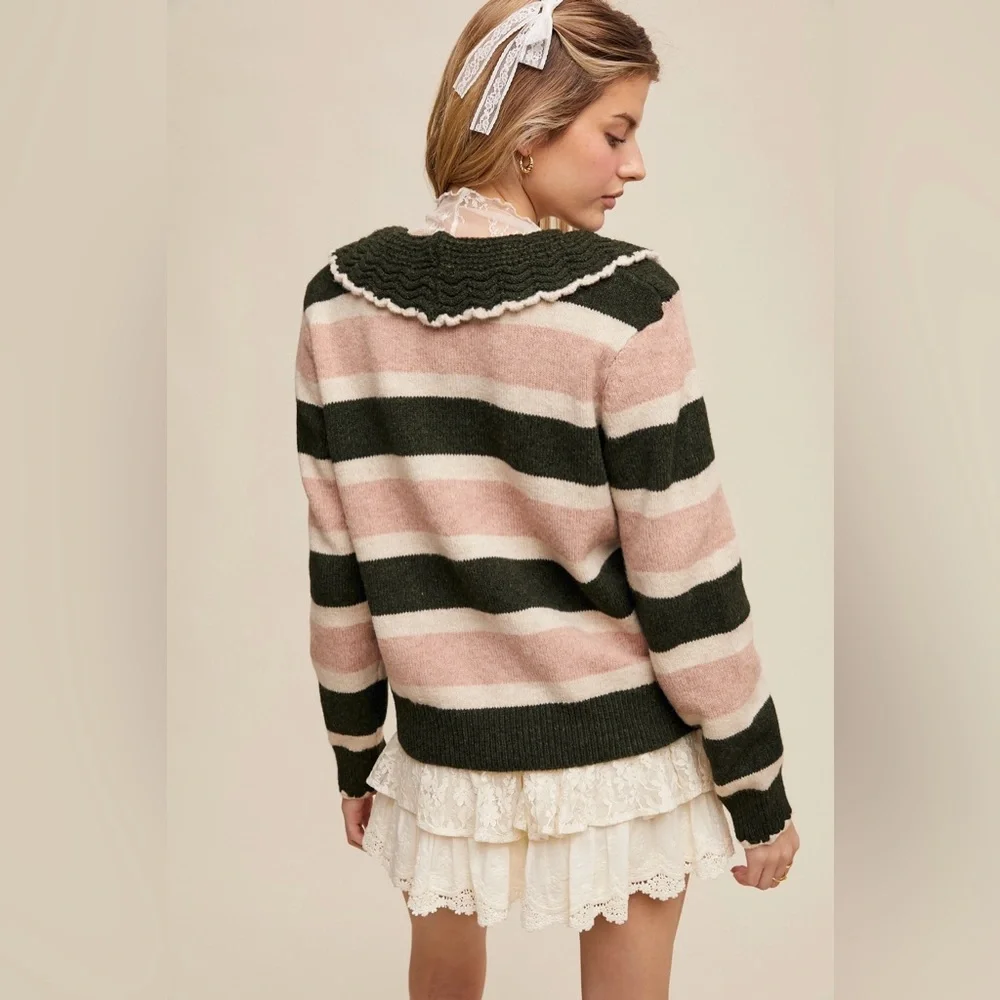 Listicle Striped Knit Cardigan with Scalloped Collar - Picture 3 of 3
